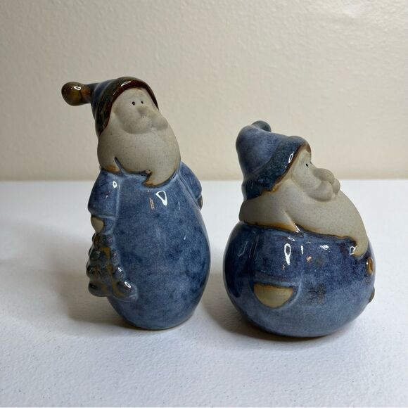 Pair Stoneware Pottery Santas Blue Coats Tall and Short Round Whimsical Folky - Picture 9 of 12